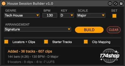 House Session Builder after a build: Added - 36 tracks - 607 clips