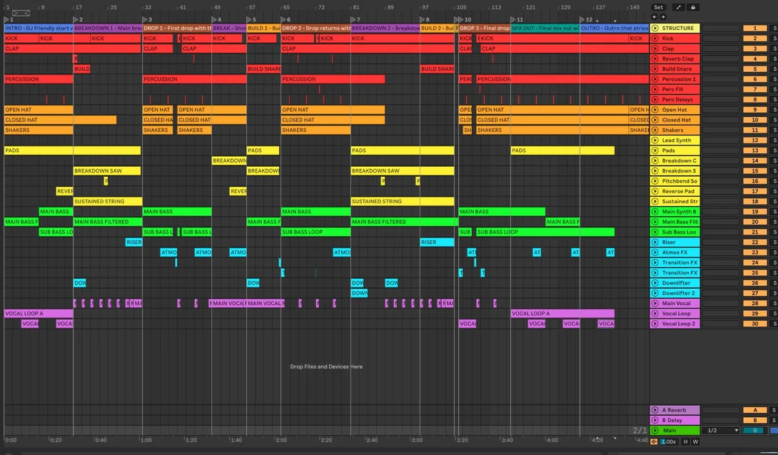 The same session after BUILD of Vintage Culture Style, with every section, track and clip laid out