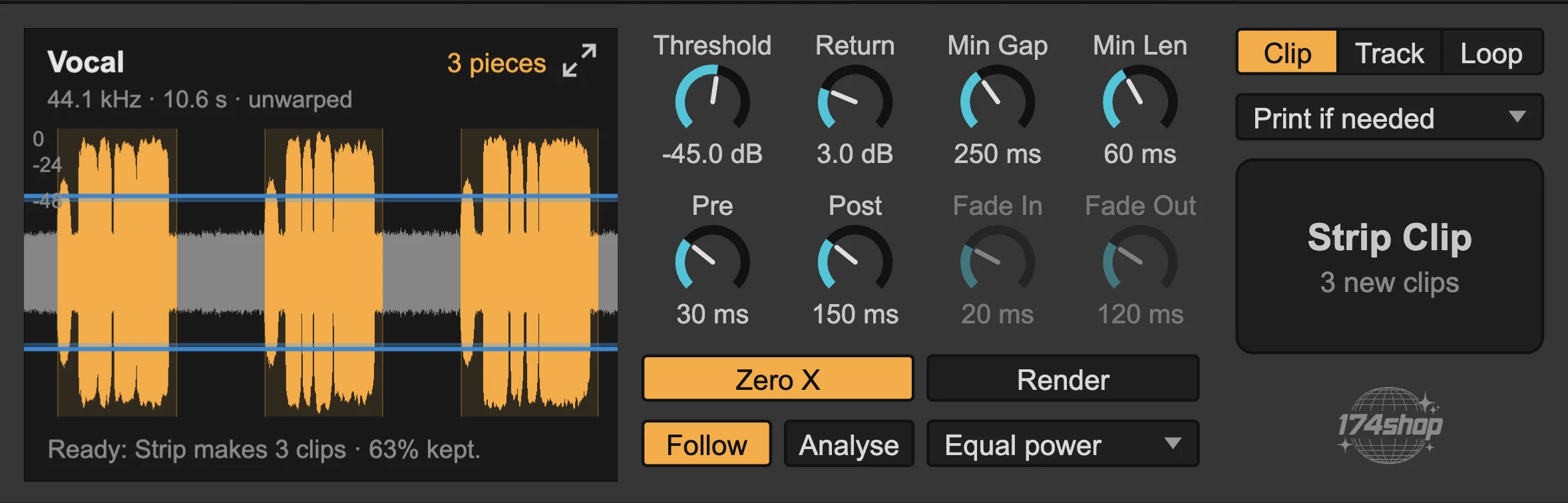 The Silence Stripper device in Live: the waveform display with Vocal, three orange pieces and the threshold line, Threshold, Return, Min Gap, Min Len, Pre, Post and fade knobs, Zero X, Render, and the Strip Clip button